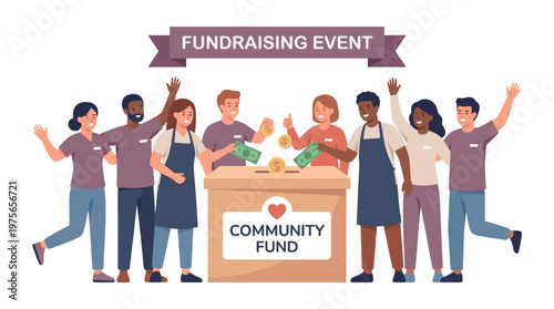 Group of diverse volunteers working at a community fundraising event. EPS Editable. Vector Illustrations.