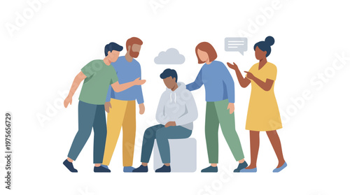 Group of friends supporting a sad person feeling depressed and lonely. EPS Editable. Vector Illustrations.