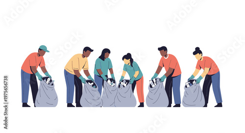 Group of diverse volunteers collecting litter and cleaning up the environment. EPS Editable. Vector Illustrations.