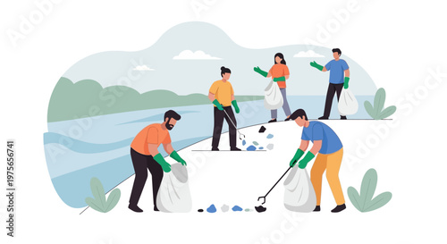 Group of diverse volunteers cleaning up litter on the beach. EPS Editable. Vector Illustrations.