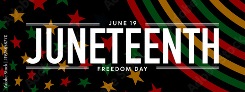 USA Juneteenth banner, Freedom Day text, US flag background