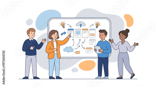 Team members collaborating on a project strategy with digital interface illustration