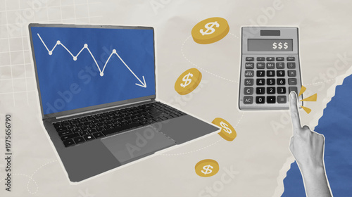 Investment losses and financial crisis. Hand calculates losses on calculator in halftone collage style. Laptop screen showing stock market trading decline chart. Vector template.