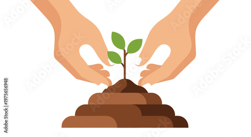 Hands protecting a young green sprout growing from soil. EPS Editable. Vector Illustrations.