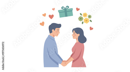 Happy couple in love holding hands with gift and flowers. EPS Editable. Vector Illustrations.