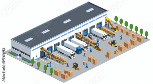 Isometric vector illustration of a logistics and distribution warehouse with trucks, forklifts, and cargo, representing efficient supply chain management and delivery services