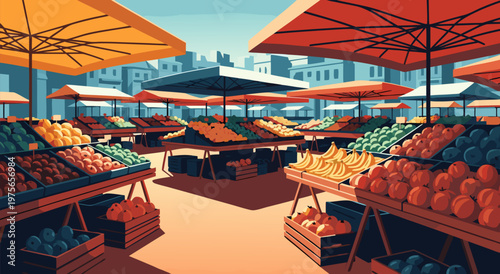 Vibrant vector illustration of an outdoor market filled with fresh fruits and produce, showcasing a lively community gathering