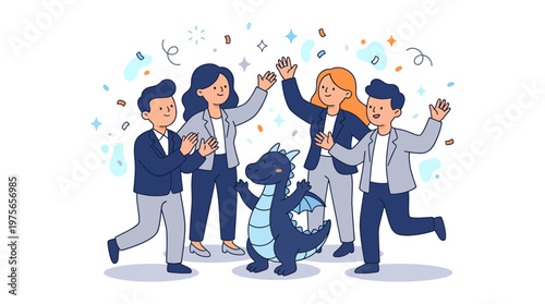 Group of diverse people and a cartoon dragon celebrating success in teamwork