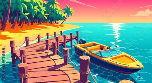 Beautiful Tropical Beach and Pier Scene with a Speedboat in the Water - Vector Illustration