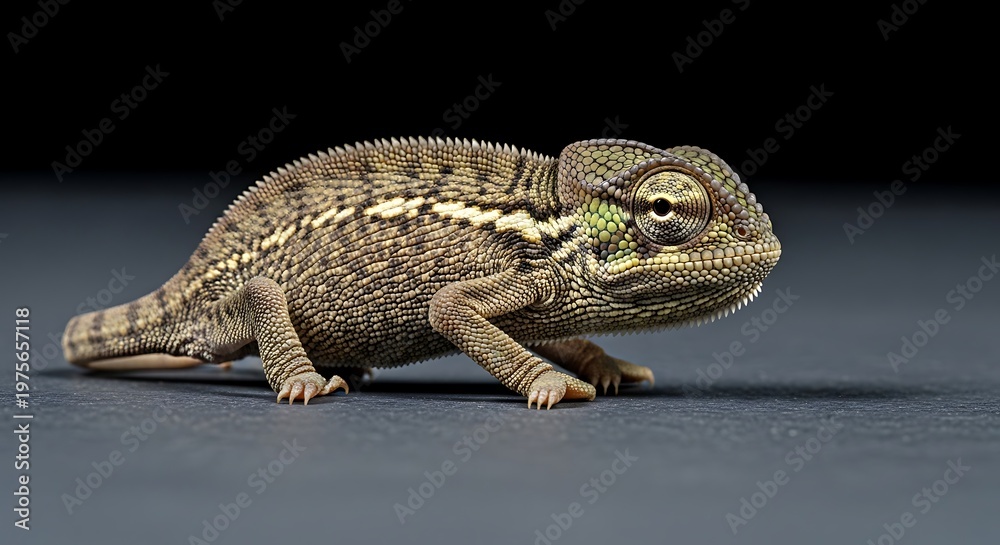 Naklejka premium Detailed Studio Shot of a Brown Chameleon on a Dark Surface.