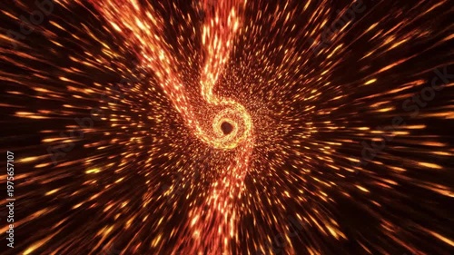 Abstract orange particle vortex spiraling through a dark tunnel, creating a dynamic glowing energy background for science fiction visuals, motion graphics, digital intros and technology concepts