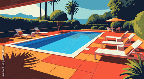 A stunning retro vector illustration of a sun-drenched swimming pool with lounge chairs and lush green trees, evoking a sense of summer leisure
