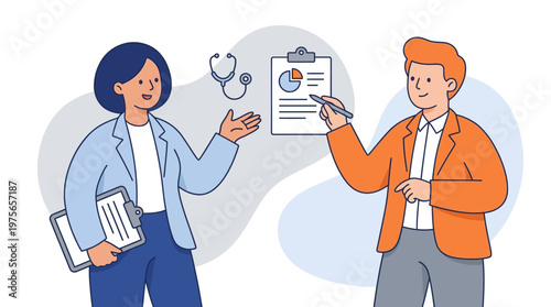 Medical professionals discussing a report with charts and a stethoscope graphic