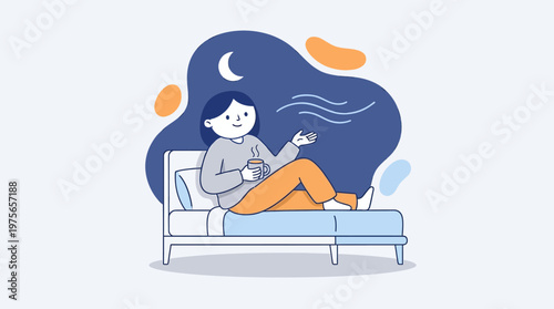 Woman relaxing in bed at night with a cup under the moonlight illustration