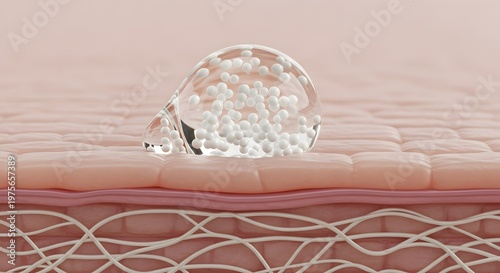 3d rendering of a clear serum drop with white microencapsulated spheres sitting on the surface of human skin texture