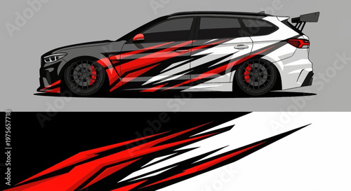 High speed race car with bold red, black, and white graphics and aerodynamic spoiler.