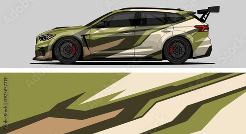 Side view of a camouflaged sportscar with racing livery and spoiler on track.