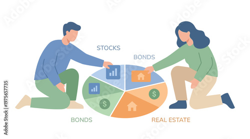 People assembling a financial portfolio pie chart illustration. EPS Editable. Vector Illustrations.