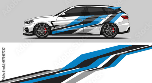 White sports car with blue racing stripes shown in side profile design.