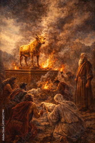 Worship of the golden calf — biblical scene with people prostrating before an idol on an altar surrounded by fire and smoke, with a prophet standing aside