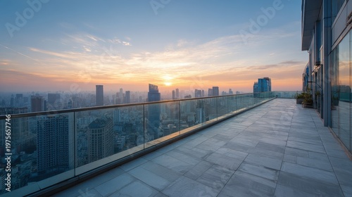 Rooftop Terrace Overlooking Cityscape at Golden Hour with Warm Sunlight and Soft Clouds Painting the Sky Above Tall Buildings