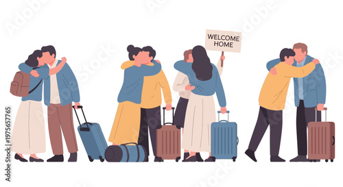 People reuniting and hugging at the airport with luggage. EPS Editable. Vector Illustrations.