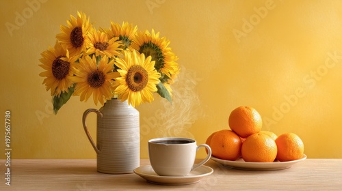 Warm Still Life Arrangement Featuring a Vase of Sunflowers Beside a Steaming Cup of Coffee and a Plate of Oranges Against a Textured Yellow Background