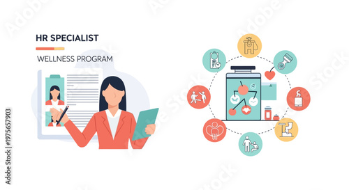 HR specialist managing a corporate wellness program with health icons. EPS Editable. Vector Illustrations.