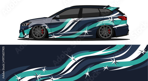 Vibrant wrapped sports hatchback with teal, blue, and white graphic design featuring stars and sweeping wave patterns.