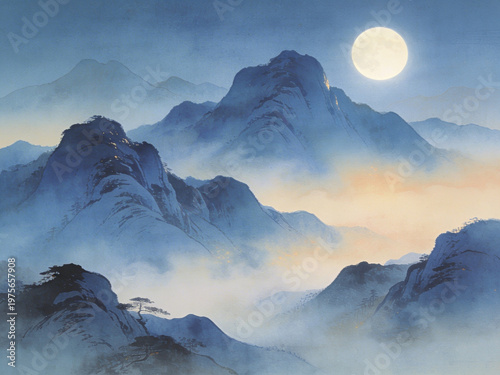 Serene Moonlit Peaks A Harmonious Eastern-Inspired Landscape with Misty Blue Mountains and a Radiant Full Moon