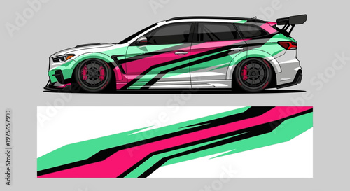 Vibrant race car in colorful custom wrap with bold stripes and teal accents.