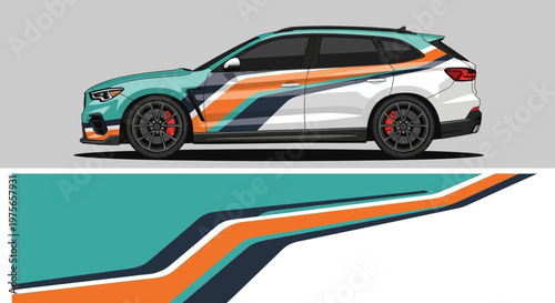 Colorful race car with teal orange white graphic wrap and dynamic sleek profile on track.