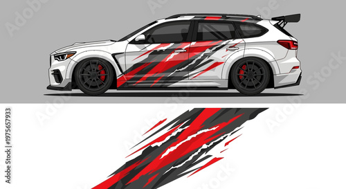 Sleek race car with bold red white and black livery and dynamic graphics on a street-ready profile.