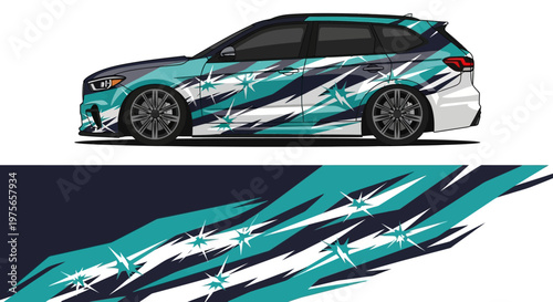 A dynamic blue teal wrapped sports car with bold graphics and aerodynamic design on display.