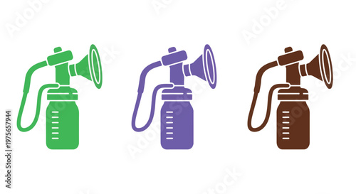 Three colorful icons representing manual breast pumps with collection bottles, symbolizing infant feeding and maternal