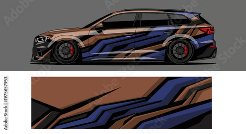 Sleek customized sports car with bold blue and orange geometric wrap on a gray backdrop.