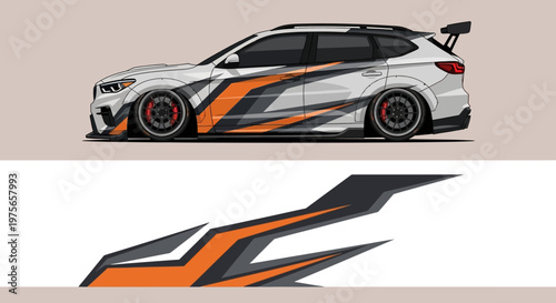 Sleek race car side profile featuring bold orange, black and white livery with aerodynamic graphics and sharp design.