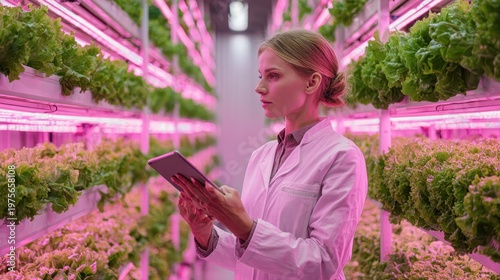 Young Woman Scientist Wearing White Lab Coat Holding Digital Tablet Inspecting Rows of Vibrant Green Lettuce Plants Under Pink Grow Lights in Vertical Farm Setting