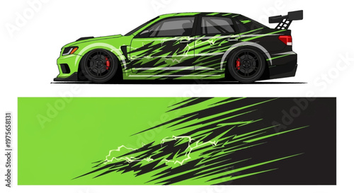 Green and black racecar with bold graphic livery on track.