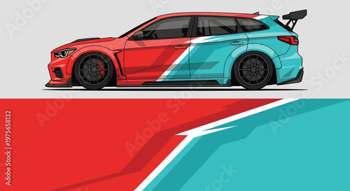 Vibrant red and teal sports car illustration in motion with dynamic, colorful design.