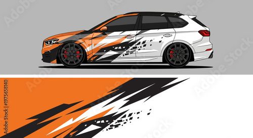 Sleek orange and black race car with dynamic graphics on a gray backdrop.