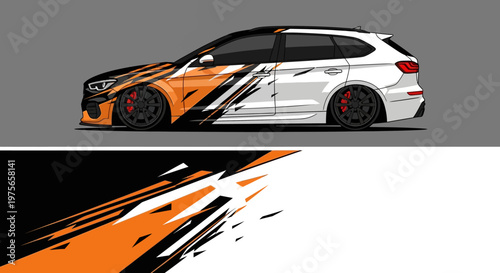 Stylized orange, black, and white race car with bold graphic side design.