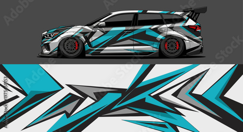 Sleek race car with bold turquoise geometric wrap in motion.