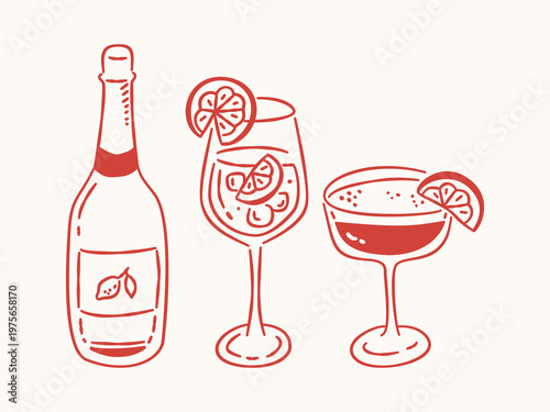 Hand drawn tropical drink set with wine bottle and citrus cocktails in minimal line art style.