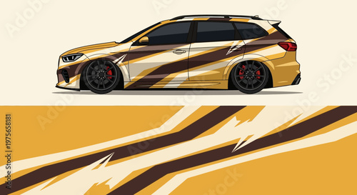 Sleek customized hatchback with bold tiger stripe racing livery and aerodynamic stance.
