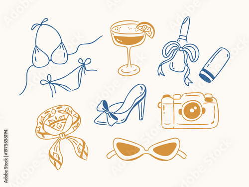 Hand drawn Italian summer collection with bikini, cocktail, camera, and fashion accessories in blue and gold.
