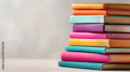Stacked vibrant colorful books with textured glitter covers and aged paper edges against a soft grey textured wall and white table top studio lighting