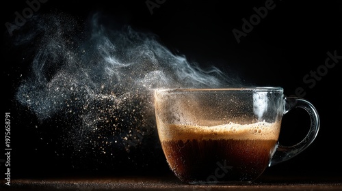 Steaming Coffee Cup with Effervescent Bubbles and Particles Rising in Dramatic Lighting Against a Dark Background Evoking Warmth and Energy