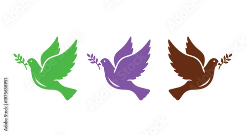 Three colorful doves in flight carrying olive branches symbolizing peace and hope against a white background