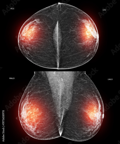Bilateral mammogram displaying Left MLO and Right MLO views side-by-side showing benign findings (BI-RADS 2). Medical imaging for cancer screening and women wellness.